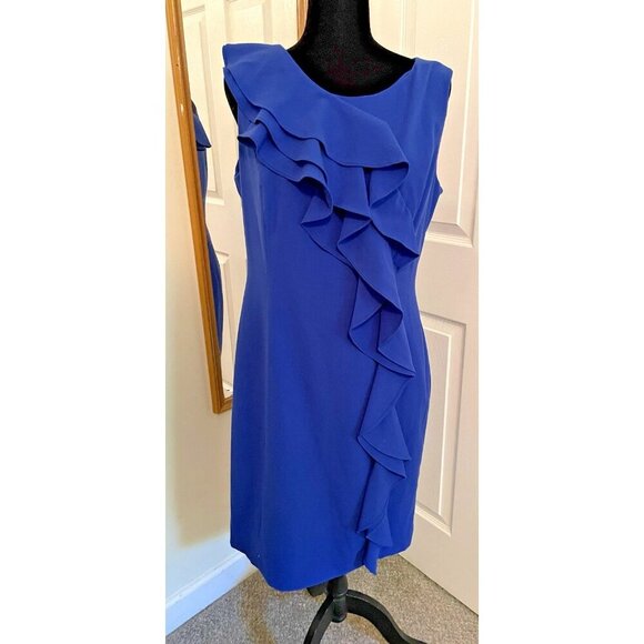 Calvin Klein Sheath Dress Womens 12 Bold Royal Blue Ruffle Tailored sexy - Picture 1 of 11